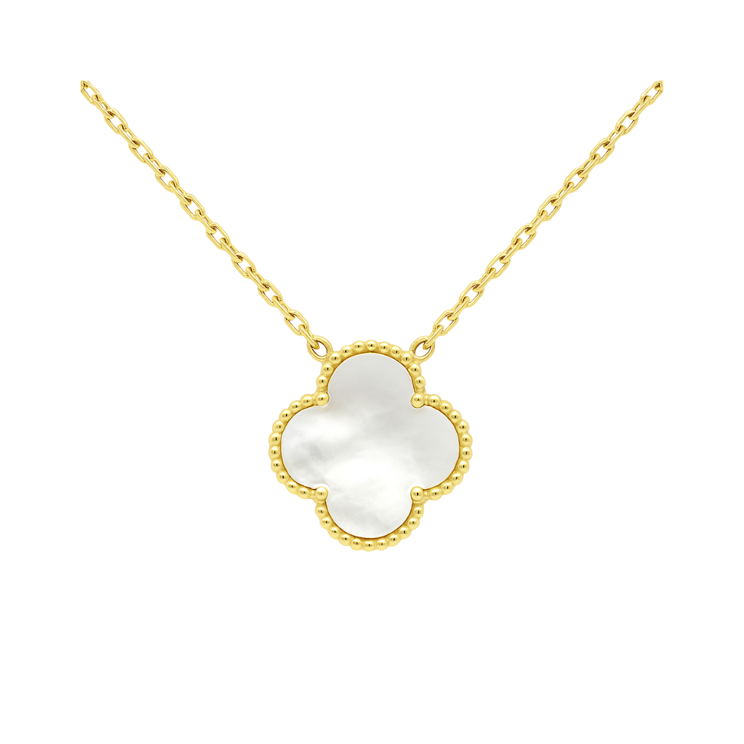 Cadena de flor de trébol madre perla 10k